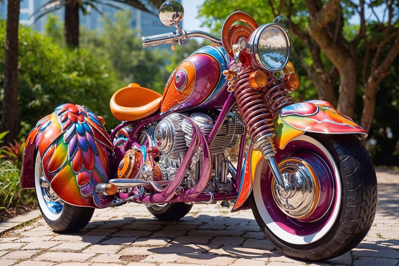 Tricycle coloré de style éclectique garé sur une surface en brique