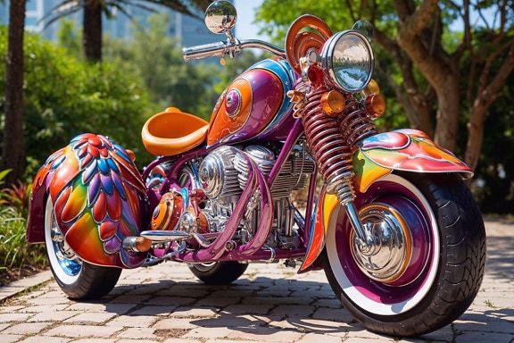 Triciclo colorato in stile eclettico parcheggiato su una superficie in mattoni