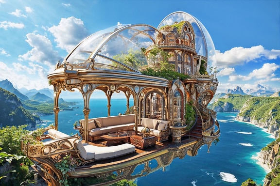 Luxury flying gazebo above the mountains by the sea