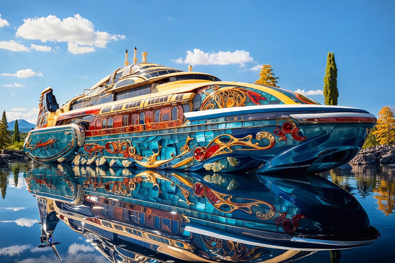 Koncept futuristickej farebnej jachty s odrazom vody