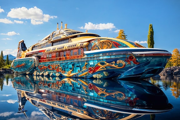 Konzept einer futuristischen, farbenfrohen Yacht mit Reflexion auf dem Wasser