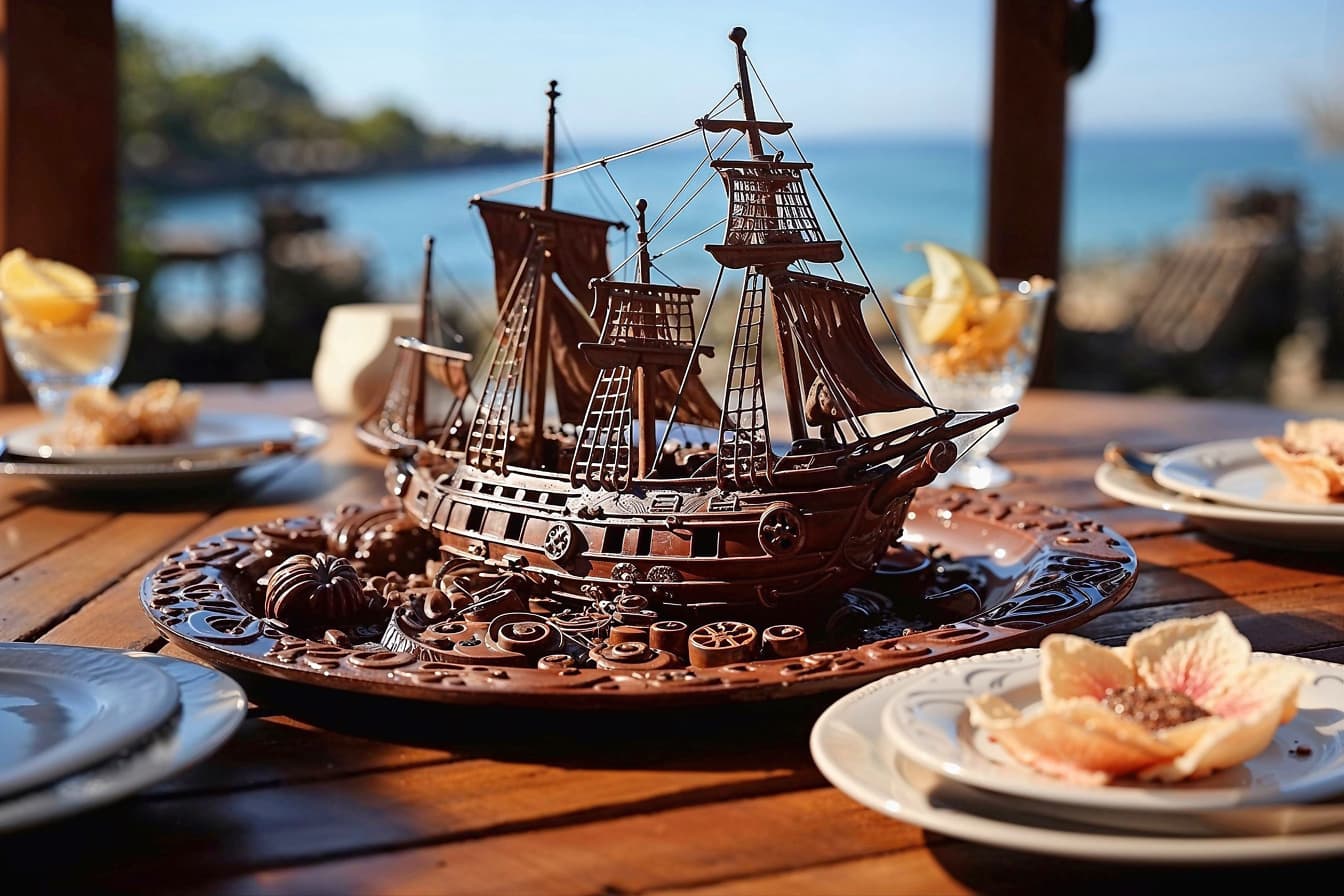 Schokoladenkuchen in Form eines Segelschiffs auf einem Teller
