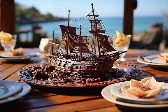 Chocolate cake shaped of a sailship on a plate