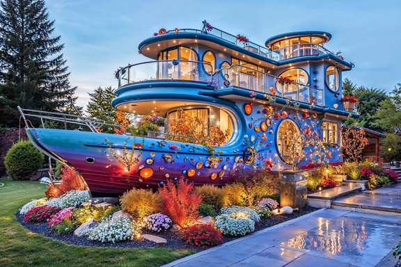 Concepto futurista de la casa-barco de cuento de hadas del futuro en el jardín