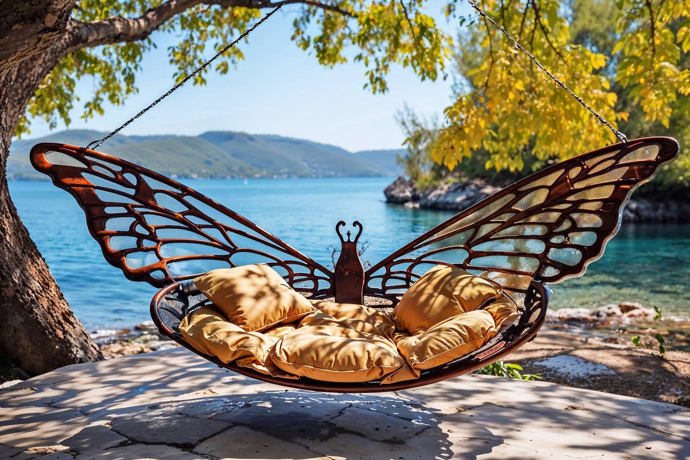 Tempat istirahat mewah di tepi pantai dengan ayunan berbentuk kupu-kupu dengan bantal di Kroasia