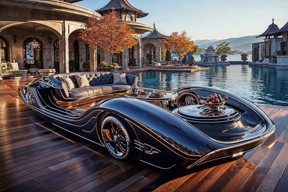 Luxuriöser Ruheplatz auf der Terrasse am Pool mit Autoboot an Deck