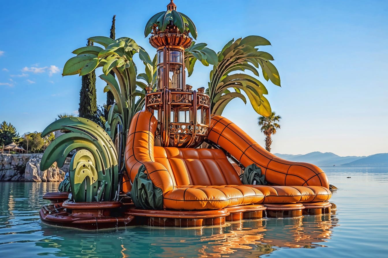 Inflatable pontoon slider on the beach in water amusement park in Croatia