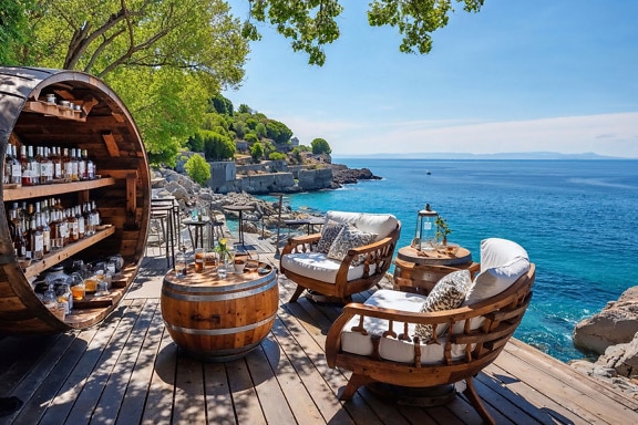 Quầy bar uống nước trên sân hiên nhìn ra biển Adriatic