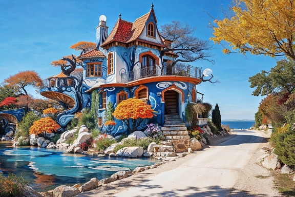 Maison de conte de fées colorée en bord de mer