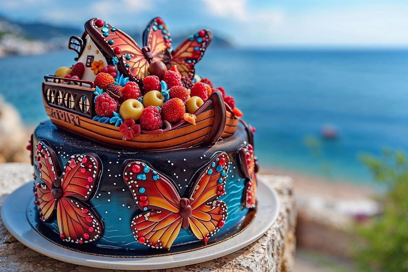 Kake med sommerfugler og frukt på toppen
