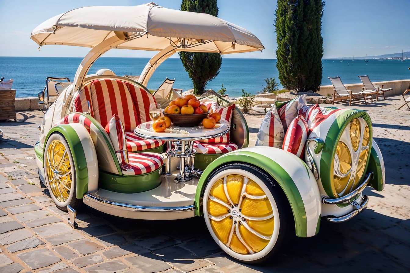 Samochód w kształcie kanapy ze stołem i fotelami na tarasie plaży w Chorwacji