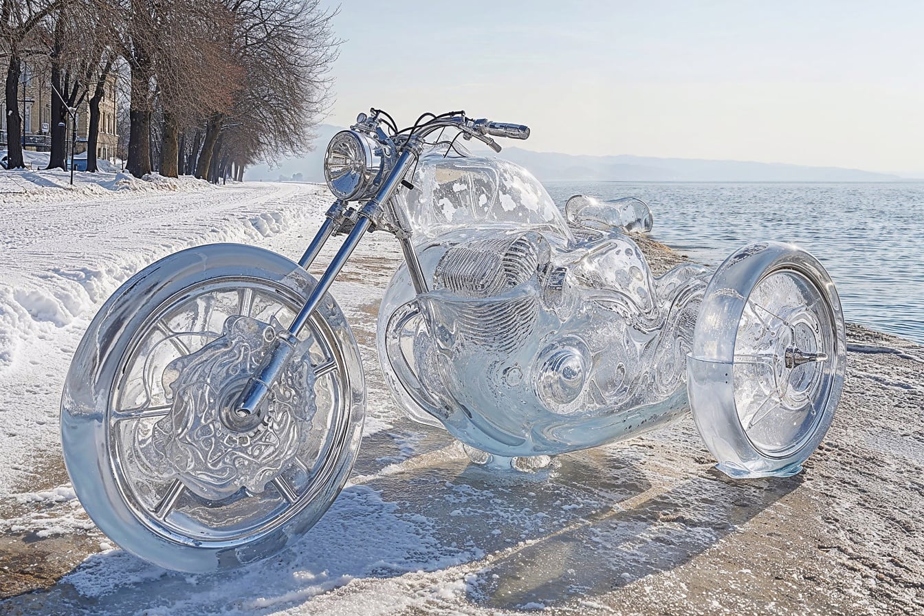 Patung sepeda motor trike terbuat dari es di pantai bersalju di pantai Kroasia