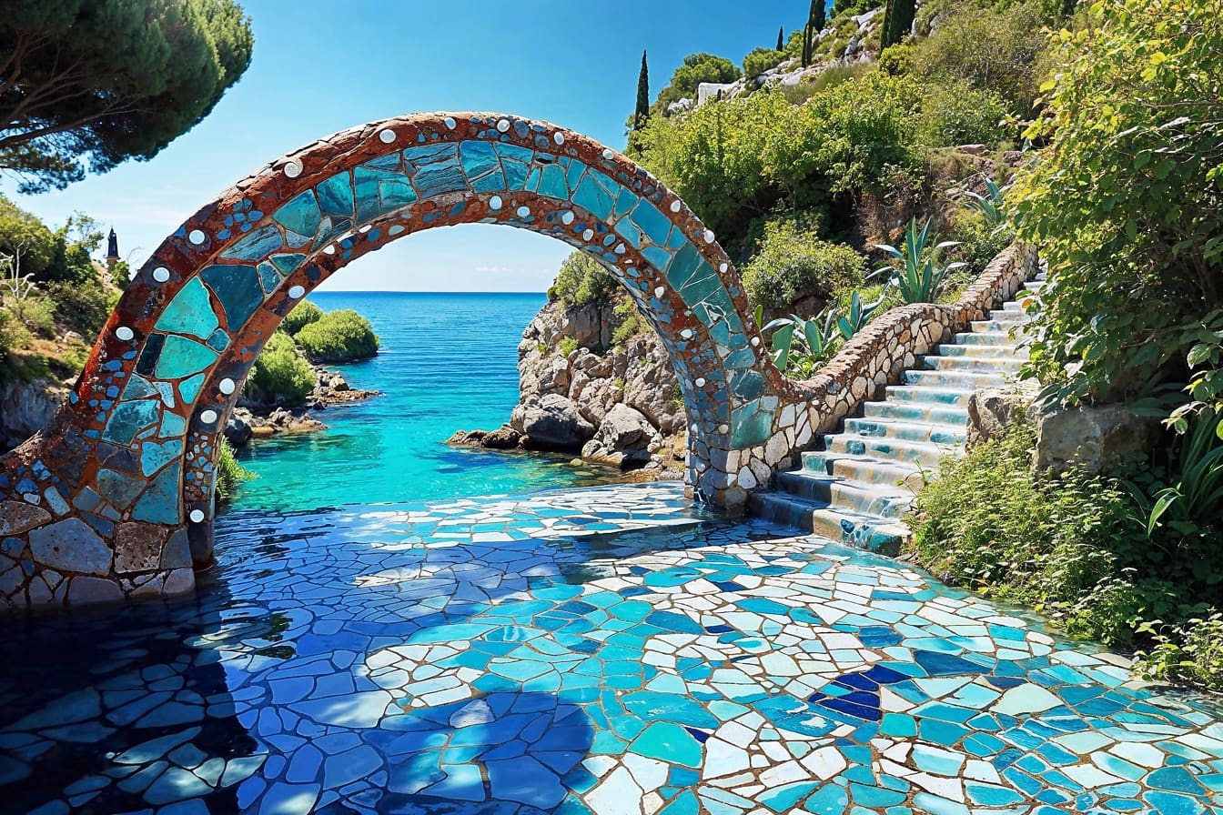 Lengkungan batu dengan mosaik di teras tepi laut