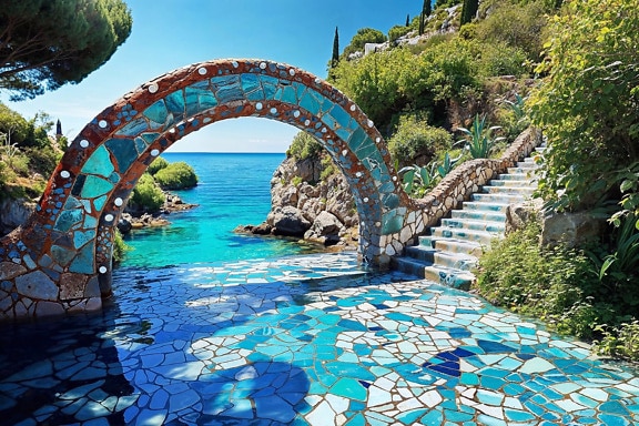 Stone arch with mosaic on seaside terrace