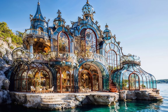 Luxusní zimní zahrada a skleník ve viktoriánském stylu na pláži v Chorvatsku