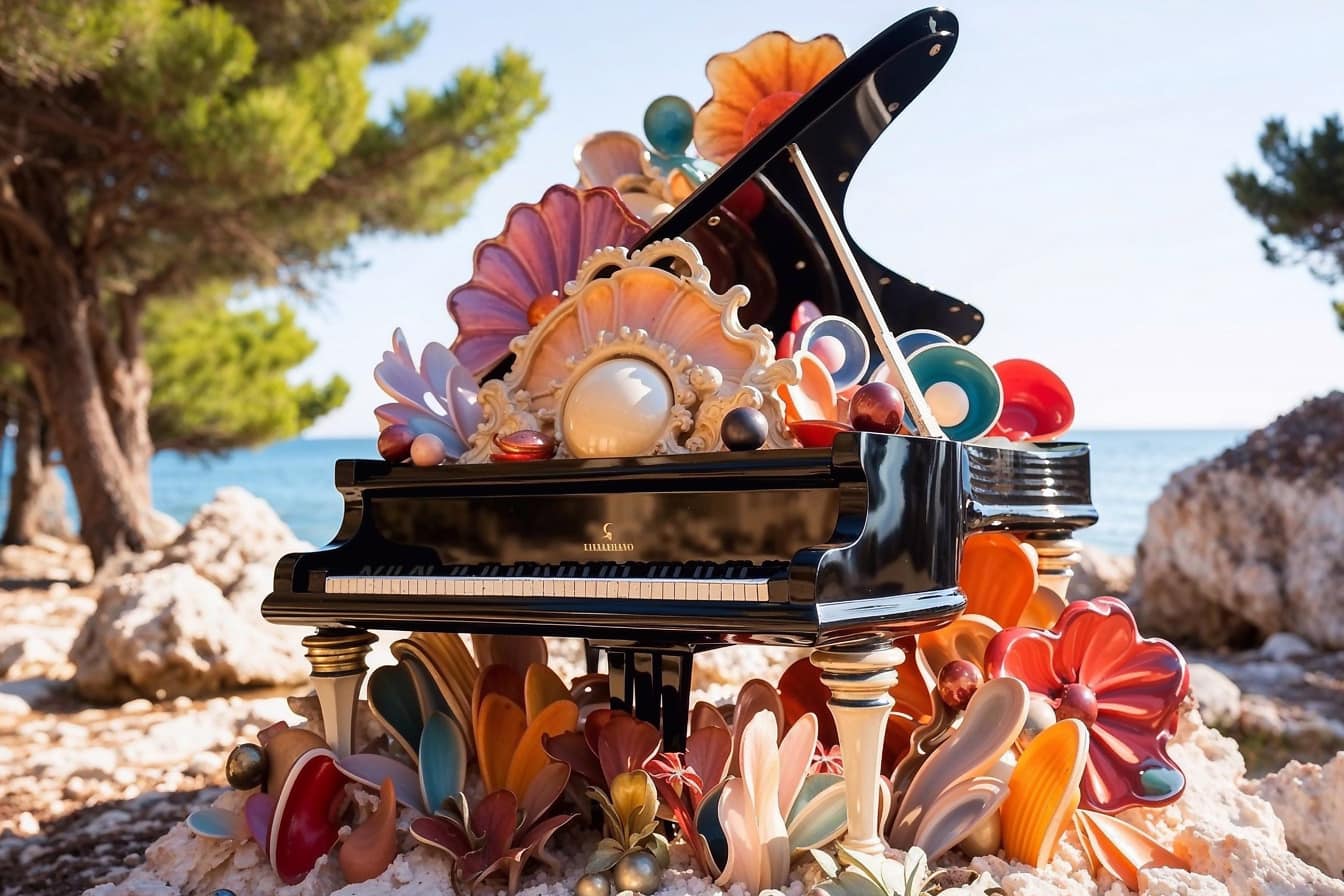 Пианино в окружении разноцветных цветов на скалистом пляже в Хорватии