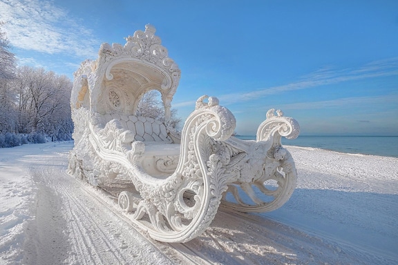 Bajkowe białe sanie Świętego Mikołaja na zaśnieżonej drodze na plaży w Chorwacji