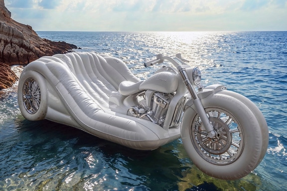 크로아티아에서 물에 흰색 풍선 세발 자전거 보트