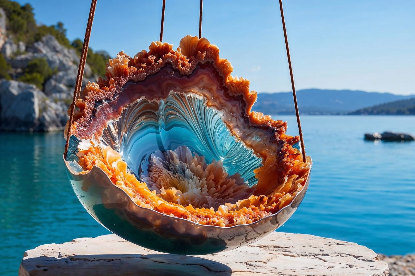 Hängande hängmatta gjord av färgrik agatkristall på en strand