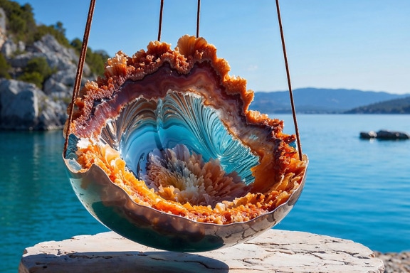 Висящ хамак, изработен от цветен ахат кристал на плажа