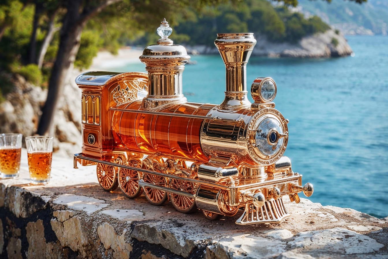 Decantador de rum em forma de locomotiva a vapor