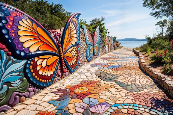 En stig av färgglada stenar arrangerade i en mosaik i Kroatien