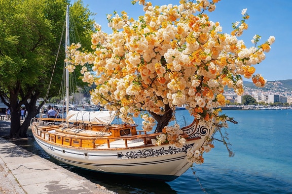 Ilustrácia lode so stromom v prístave v Chorvátsku