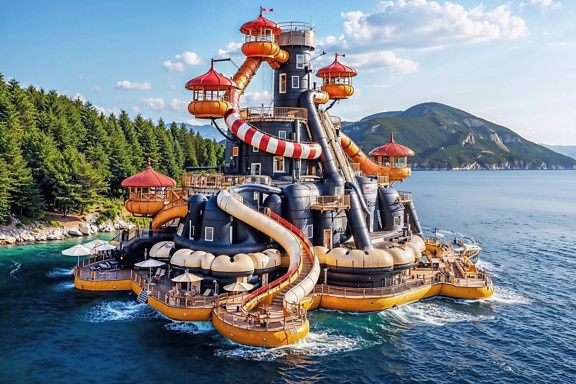 A merry beach town in water amusement park Croatia
