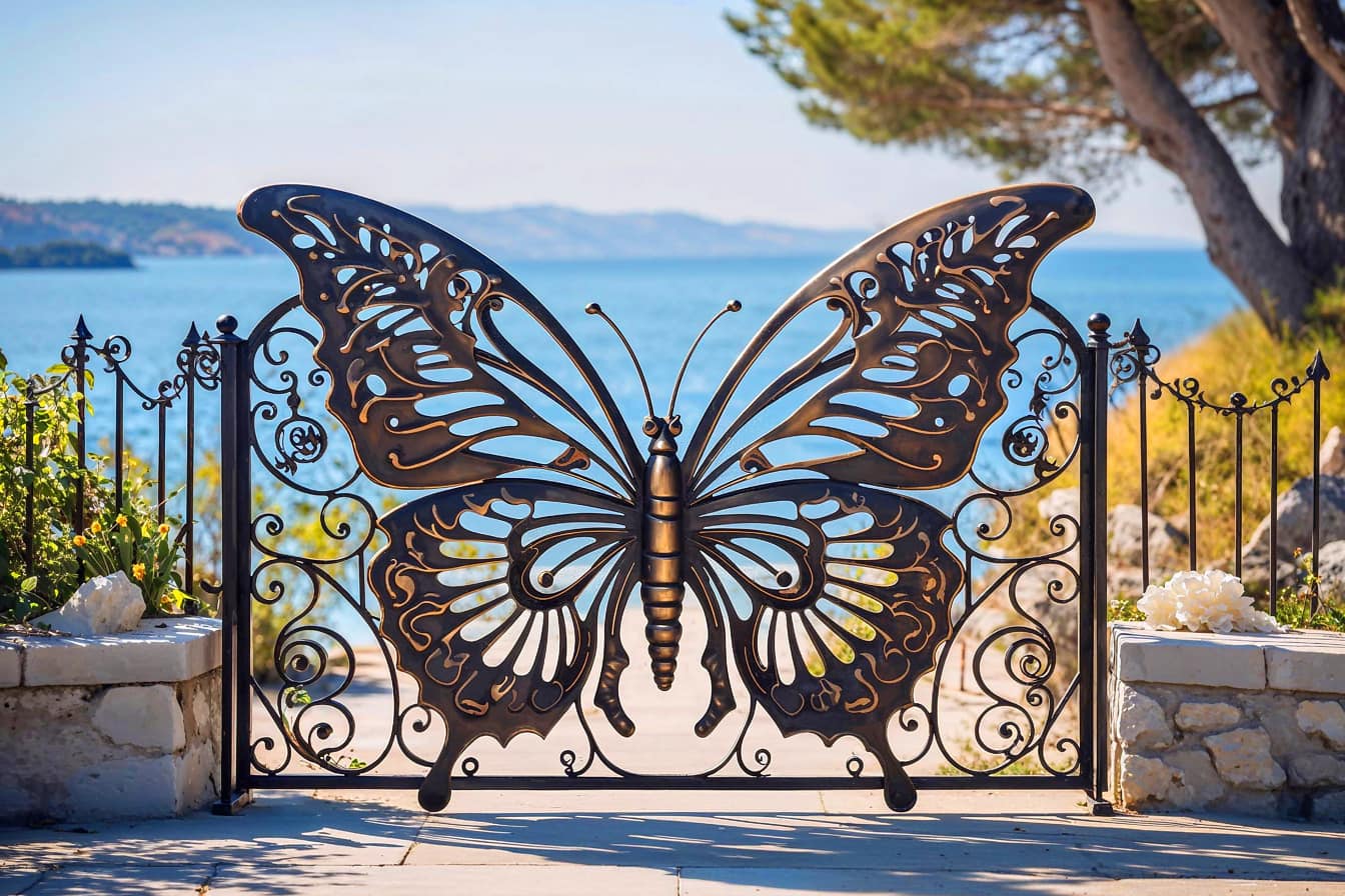Portail en fonte en forme de papillon avec bord de mer en arrière-plan en Croatie