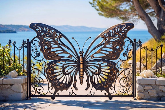 Portão de ferro fundido em forma de borboleta com beira-mar no fundo na Croácia