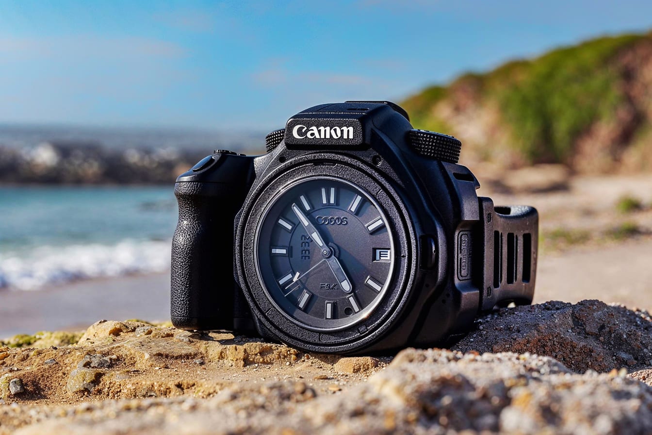 Svart armbandsur i form av digitalkamera (Canon)