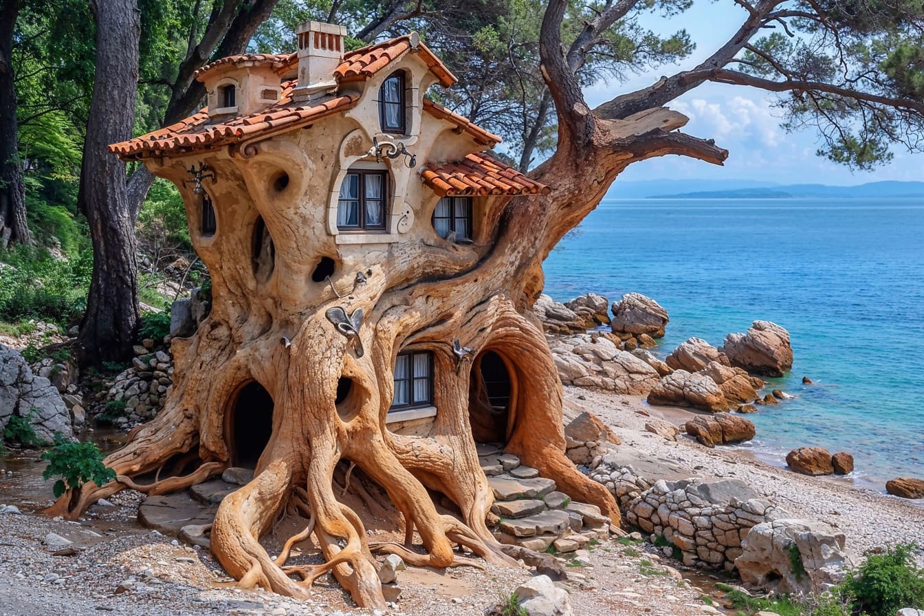 Uma casa de conto de fadas feita de um tronco de árvore em uma praia na Croácia