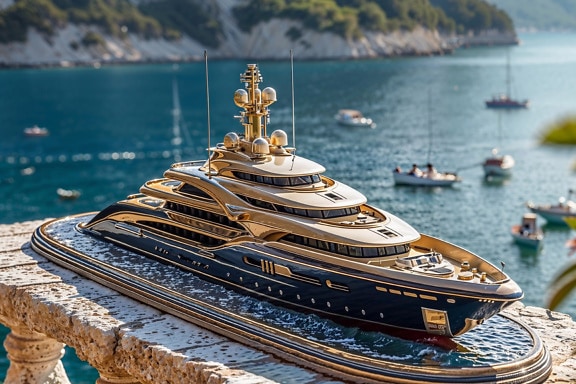 Model luksusowego jachtu o złotym połysku na tarasie