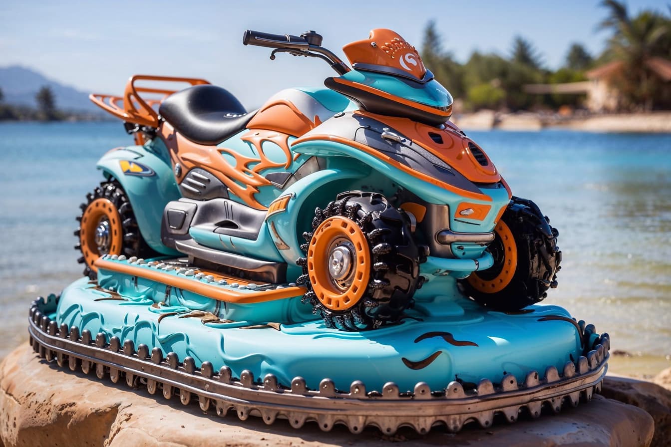 在克罗地亚海滩岩石上的玩具四轮摩托车形状的蛋糕