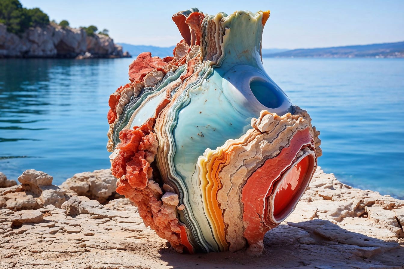 Värikäs korallimaljakko kristalleilla kivisellä rannalla Kroatiassa
