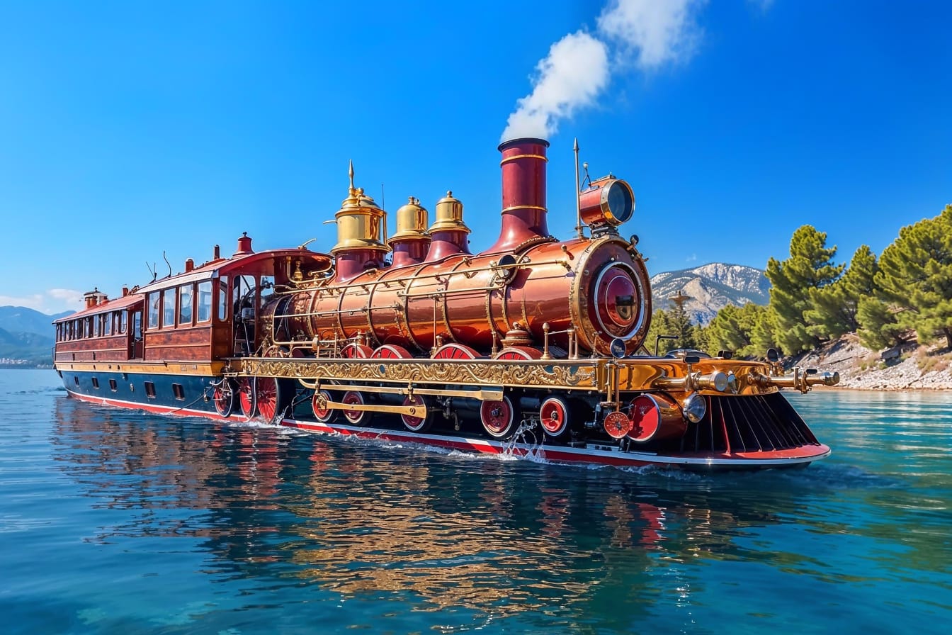 クロアチアの遊園地にあるオリエント急行風の蒸気機関車の形をした船