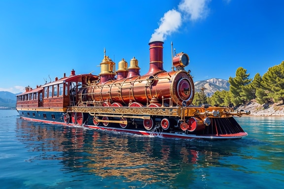 Bateau en forme de train à vapeur dans le style de l’Orient-Express dans un parc d’attractions en Croatie