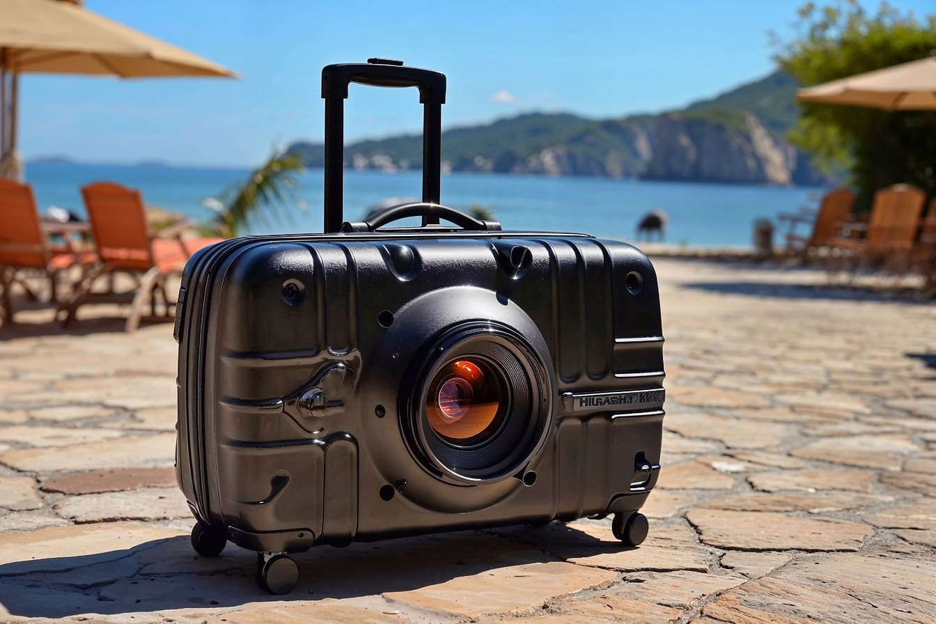 カメラの形をした黒いスーツケースに、写真の旅を描いた大きなレンズが付いています