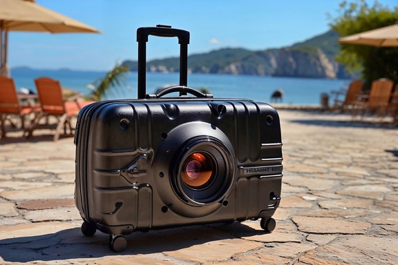 Black suitcase in a shape of camera with a large lens illustrating photo travel
