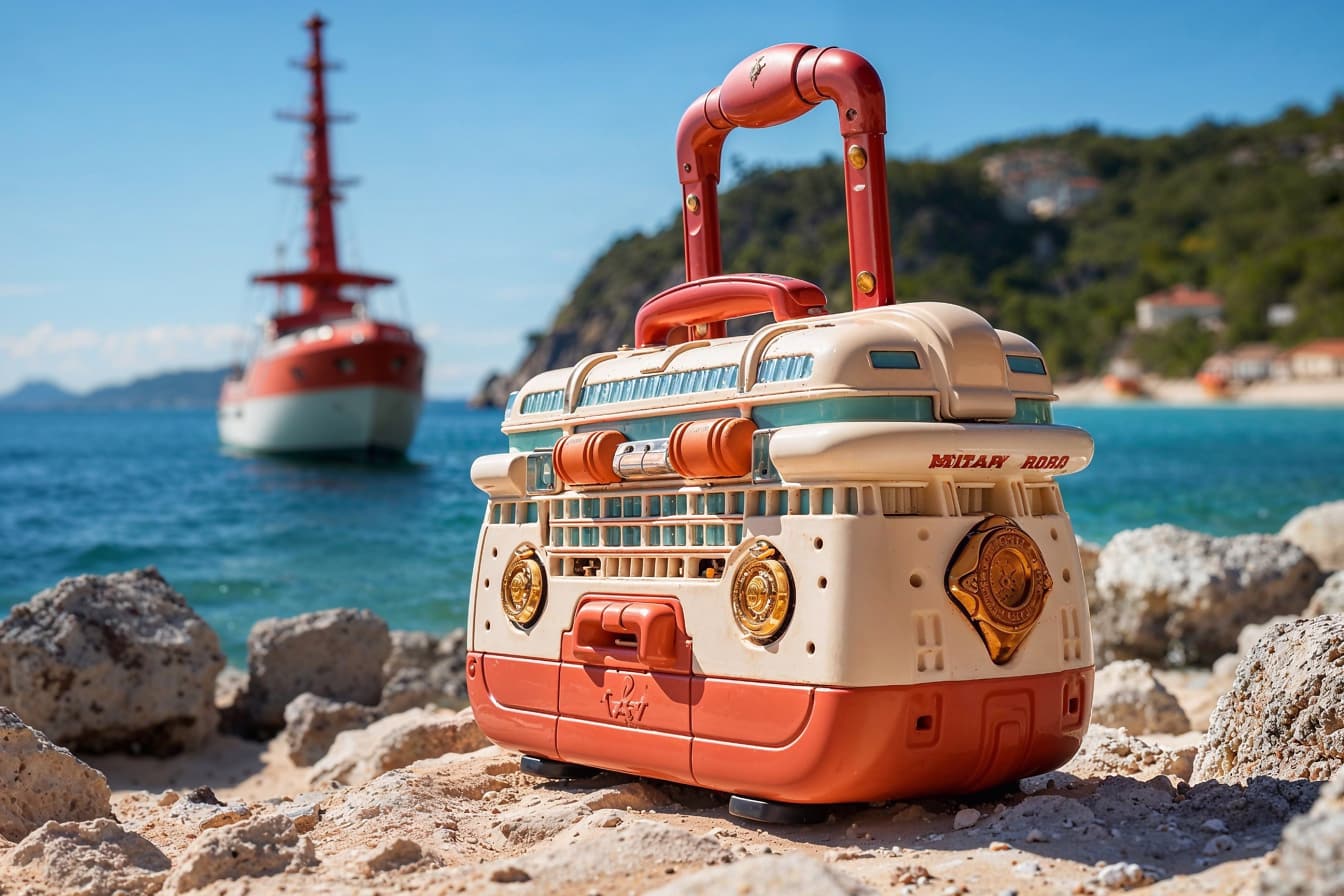 크로아티아 해변에서 구식 스타일의 여행 가방