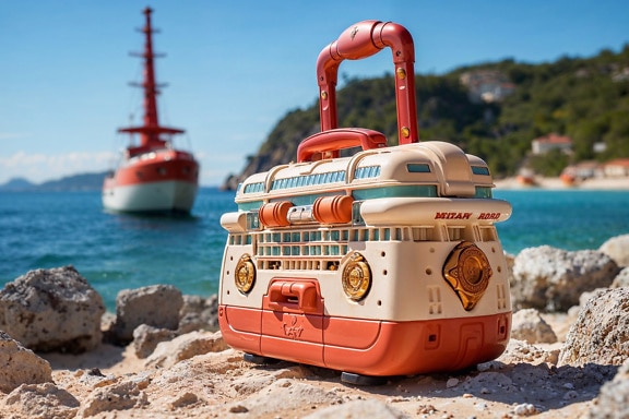 크로아티아 해변에서 구식 스타일의 여행 가방
