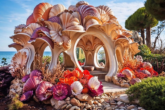 Gazebo terbuat dari kerang laut di sebuah pantai di Kroasia
