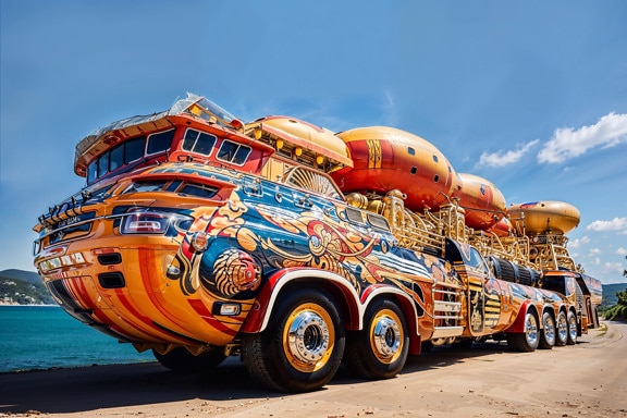 Koncept futuristického obojživelného vozidla v hippie štýle v Chorvátsku