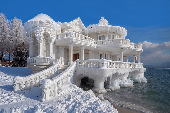Ψηφιακό φωτομοντάζ ενός σπιτιού καλυμμένου με πάγο σε παραλία της θάλασσας στην Κροατία