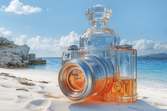 Üvegpalack alkoholos italhoz digitális fényképezőgép formájában