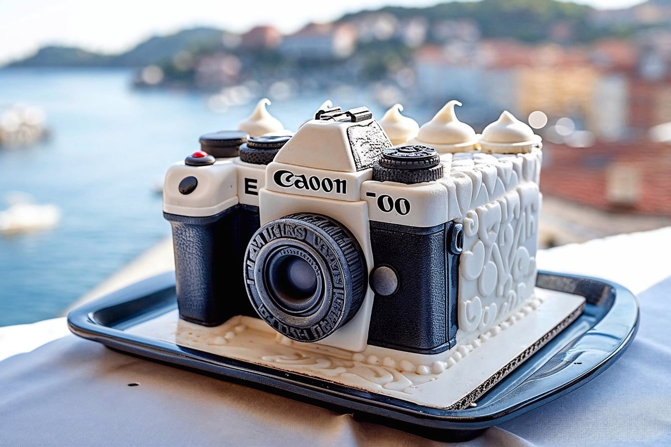 Marcipánový dort v podobě fotoaparátu