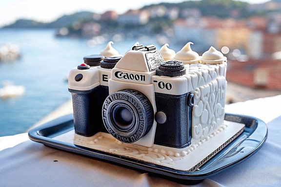 Kamera şeklinde badem ezmesi pastası