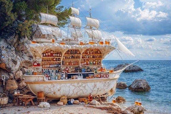 Bar de praia na forma de um veleiro em uma praia na Croácia