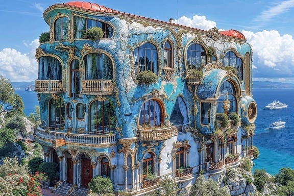 Digital kunst af en futuristisk bygning med mange vinduer og balkoner i Kroatien