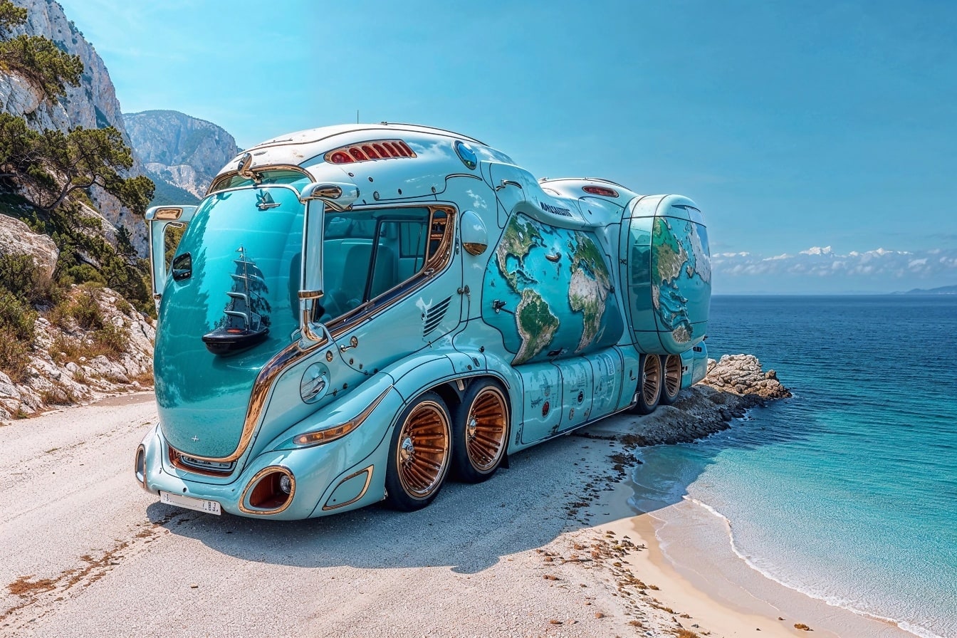 Conceito do veículo recreativo azul e dourado do futuro em uma praia na Croácia